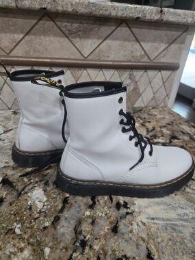 Dr. Martens White Leather Combat Boots with Black Trim